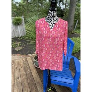 BFA Classics Blouse Womens Size 14 Popover Medallion Coral 3/4 Sleeve Elegant